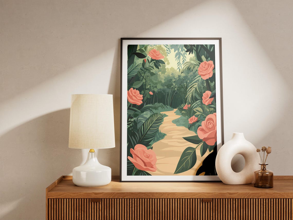 Coral Roses Climbing Along a Lush Forest Path Poster in Pink Garden - Image 5