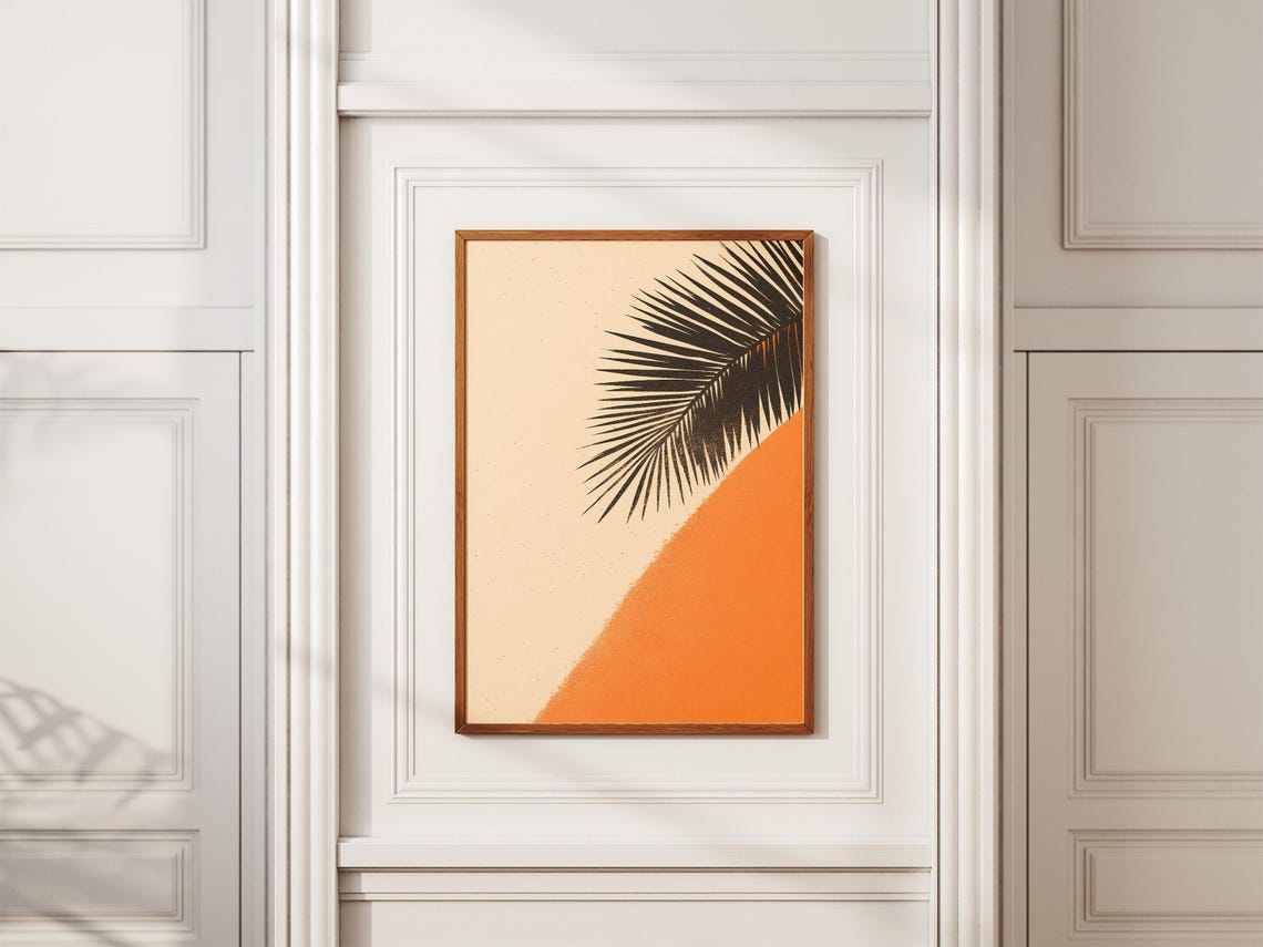 Orange Beach and Black Palm Frond Minimalist Tropical Poster - Image 2