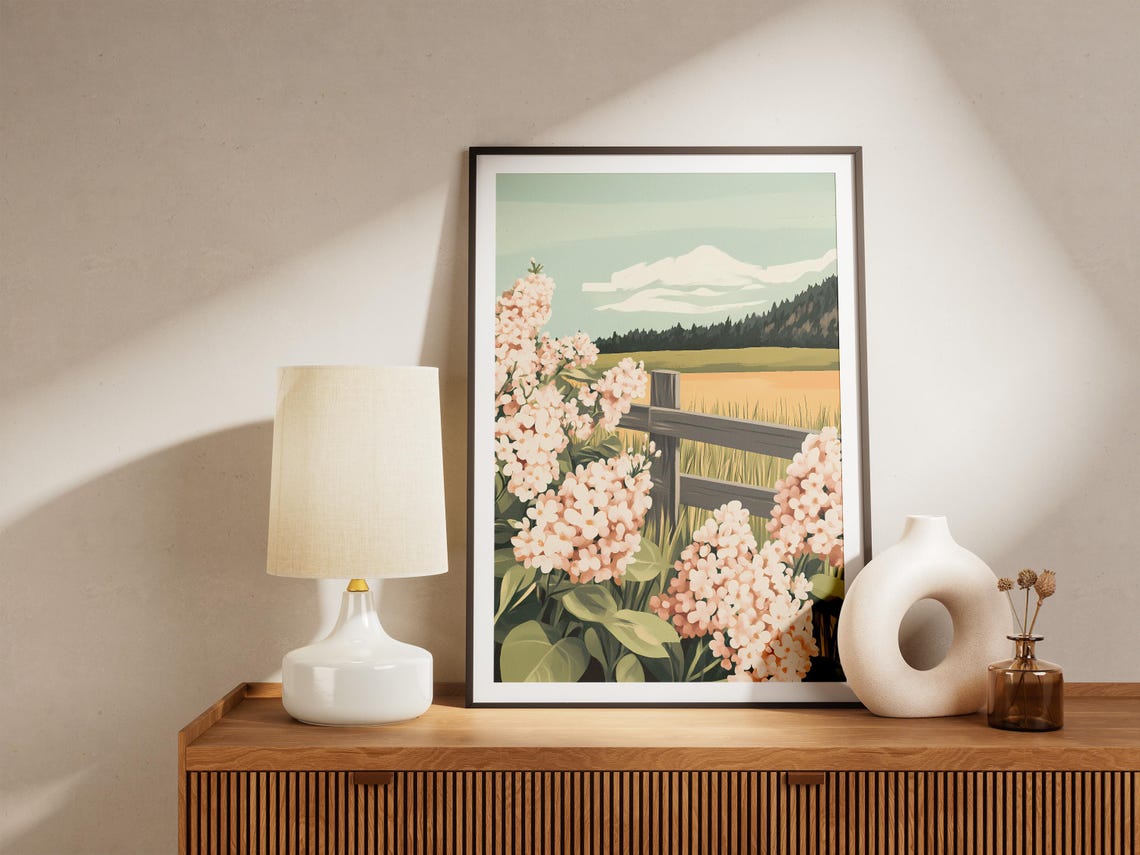Pink Lilac Blossoms By Rustic Fence Farm Field Spring Poster - Image 5