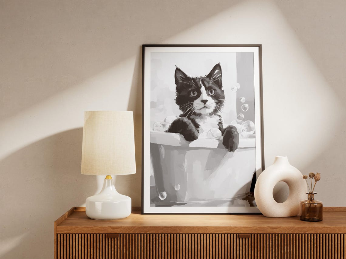 Adorable Cute Tuxedo Cat Bubble Bath Minimalist Kitten Poster - Image 4