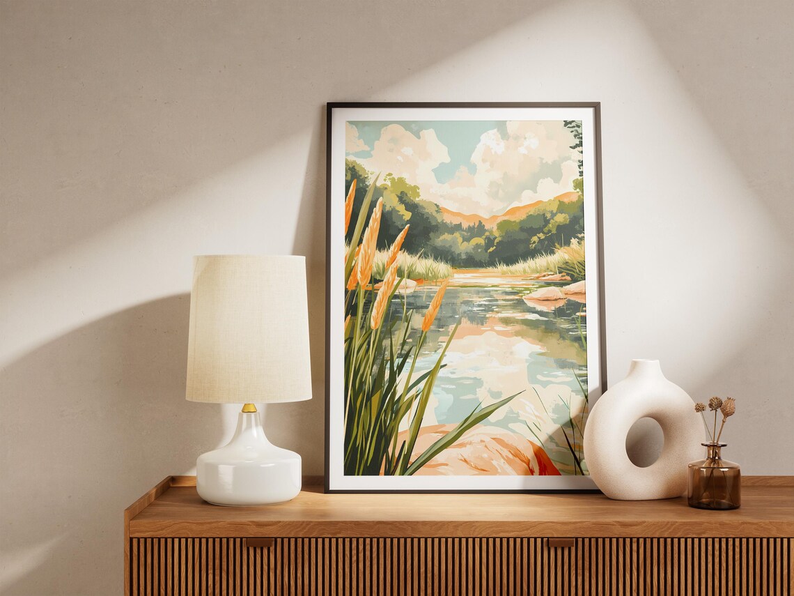Peaceful River with Golden Cattails and Soft Morning Clouds Poster - Image 5