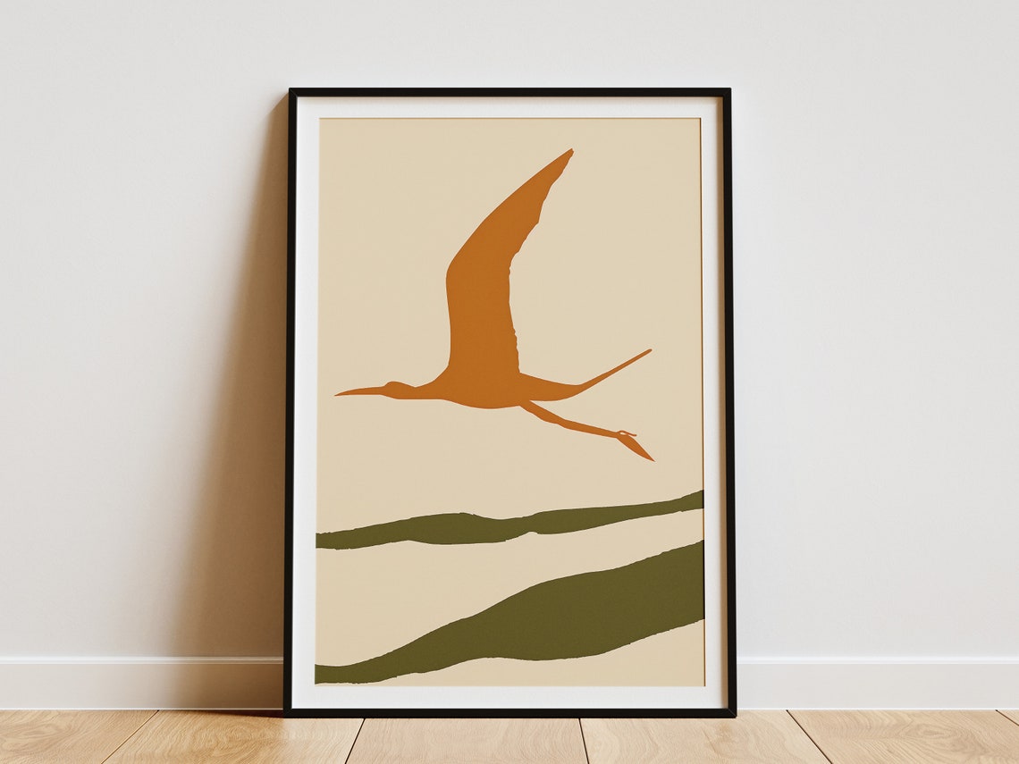 Soaring Heron Silhouette Cream Sky Minimalist Abstract Art Print