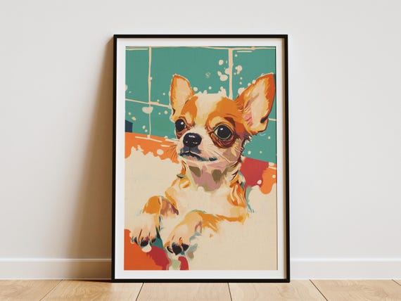 Chihuahua Puppy In Bathtub Poster Print Cute Dog Wall Art Pet Lover Gift Animal Bathroom Decor Tub
