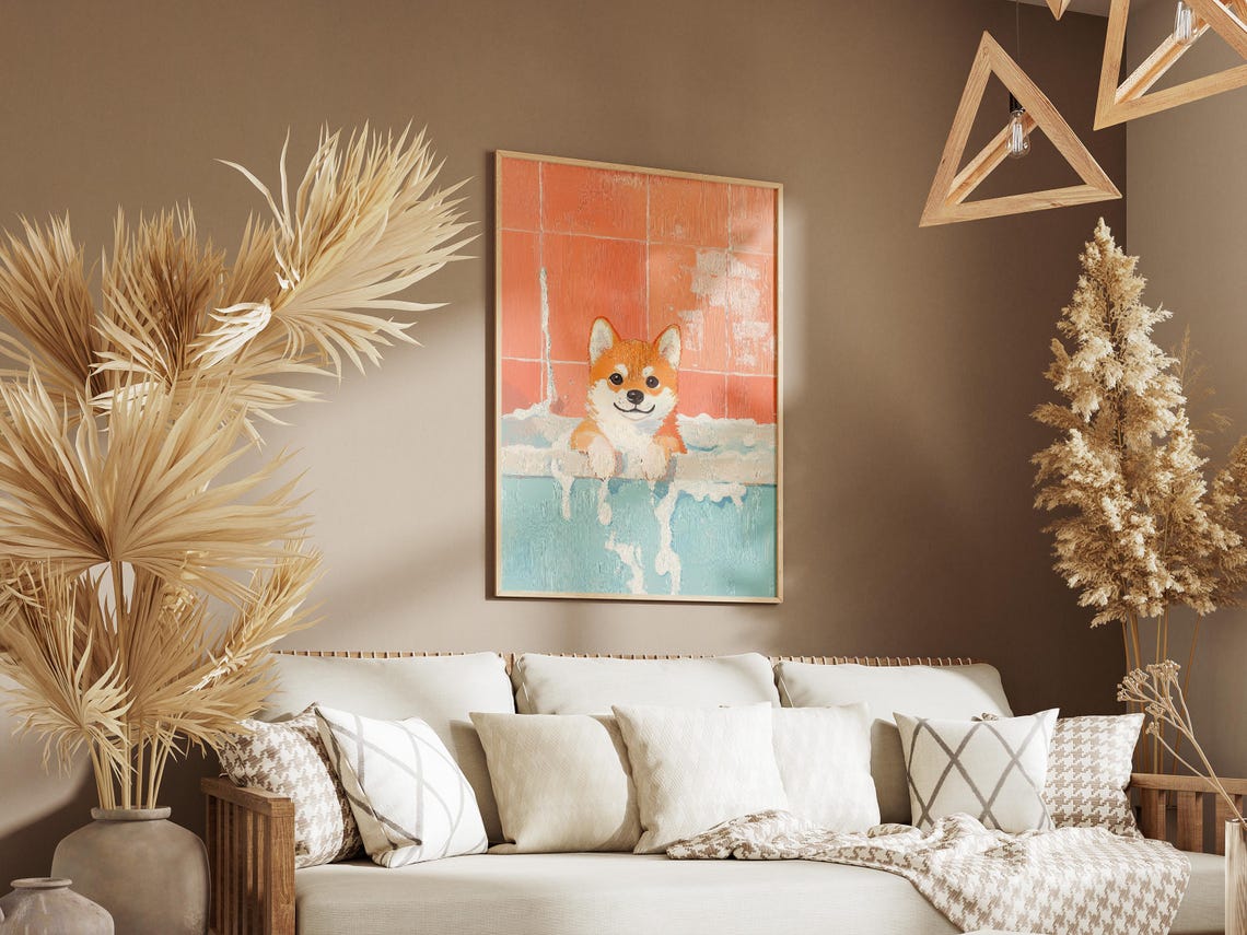 Smiling Shiba Inu Puppy Bubble Bath Peach Tile Cute Dog Poster - Image 3