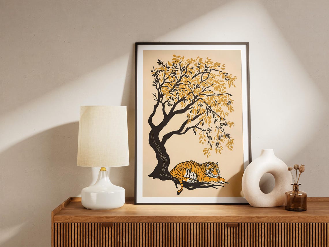 Resting Tiger Under Golden Tree Minimalist Wildlife Art Poster - Image 5