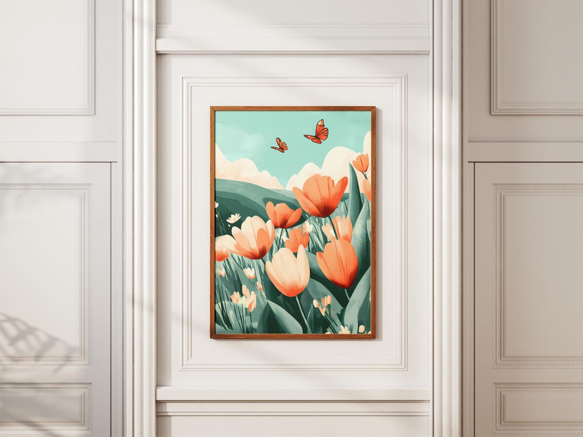 Cheerful Orange Tulips With Butterflies Teal Sky Landscape Poster - Image 2