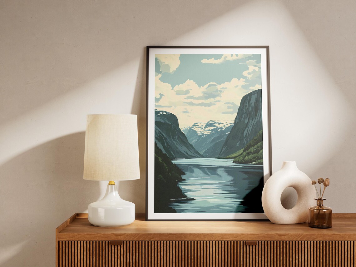 Geirangerfjord Norway Steep Dark Cliffs Calm Water Travel Poster - Image 5