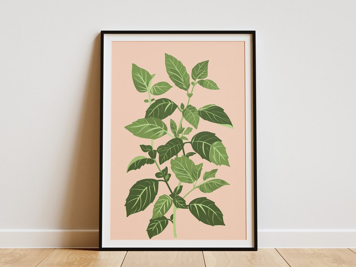 Fresh Basil Leaves Peach Background Kitchen Botanical Poster