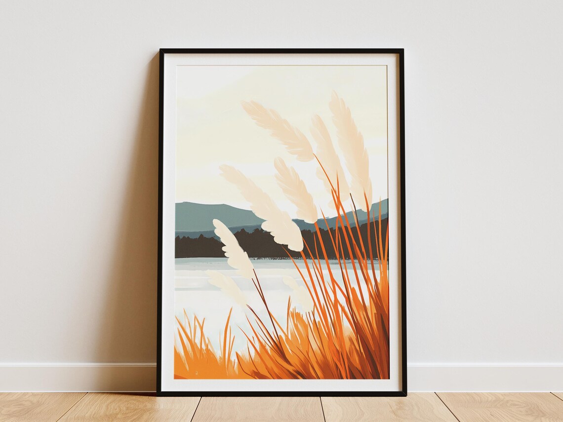 Autumn Pampas Grass By The Lake Golden Light Landscape Poster