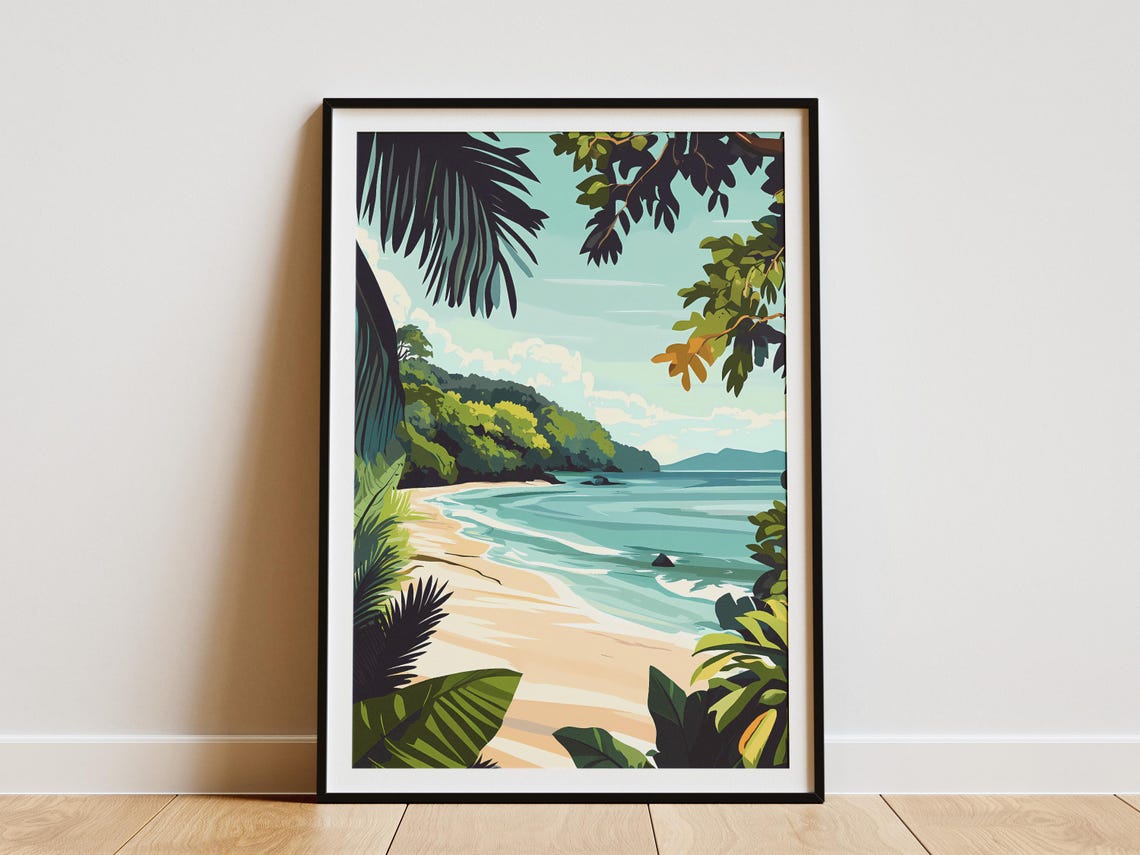 Tropical Island Cove Framed by Palm Leaves Art Poster Tropical