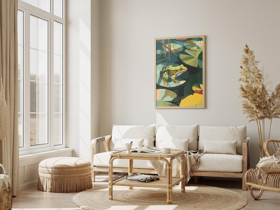 Green Frog Sitting On Lily Pad Pond Botanical Illustration Poster - Image 3