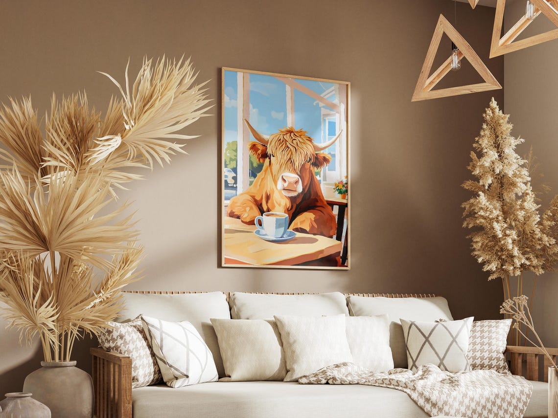 Shaggy Highland Cow with Coffee at Bright Cafe Window Poster - Image 3