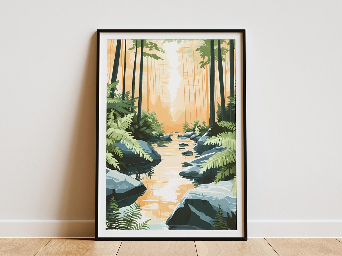 Sunlit Forest Stream Lined With Ferns Rocks And Tall Pines Poster