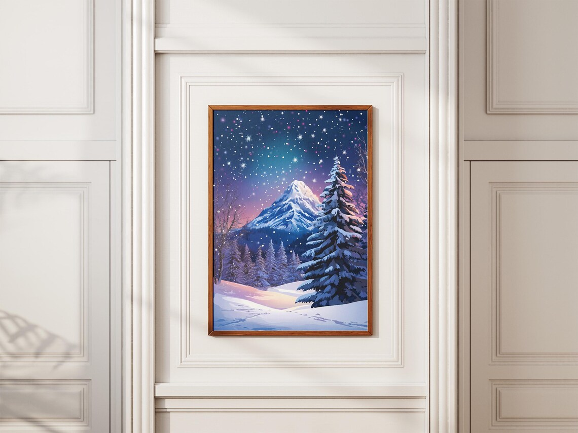 Snowy Mountain Peak Glowing Under a Starry Night Sky Winter Poster - Image 2