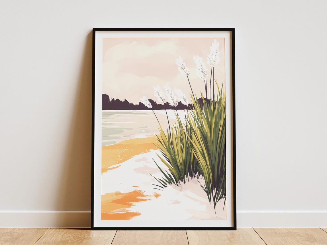 Frosted Reeds by a Calm River at Dawn in Minimalist Style Poster