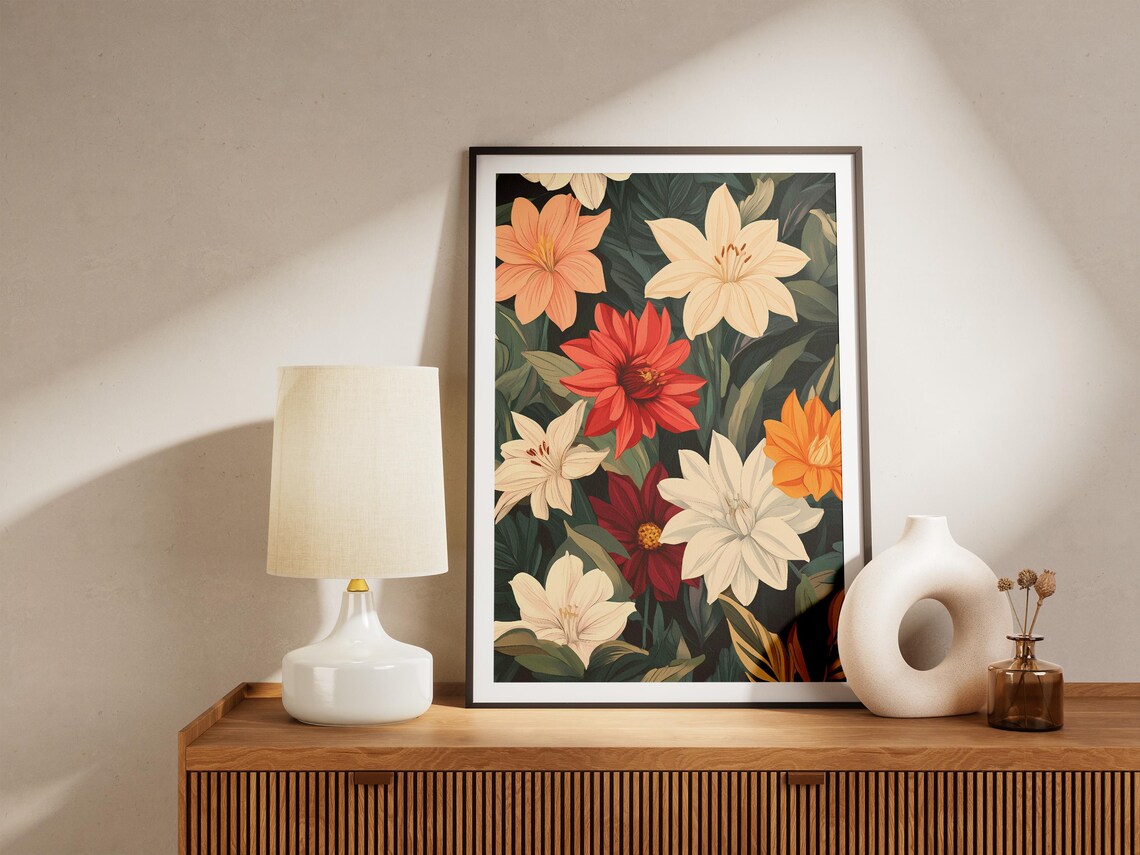 White Orange Red Lilies Against Dark Green Leaves Botanical Poster - Image 5