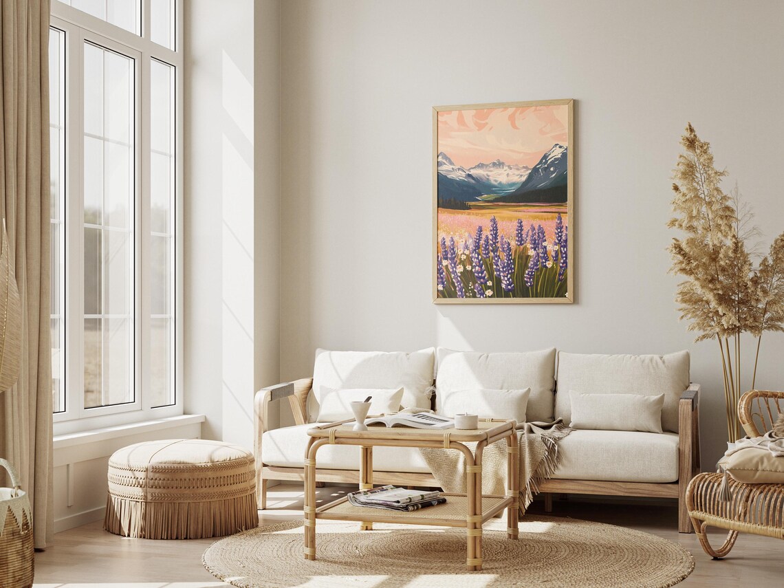 Purple Wildflower Field With Snowy Mountains Sunset Art Poster - Image 3