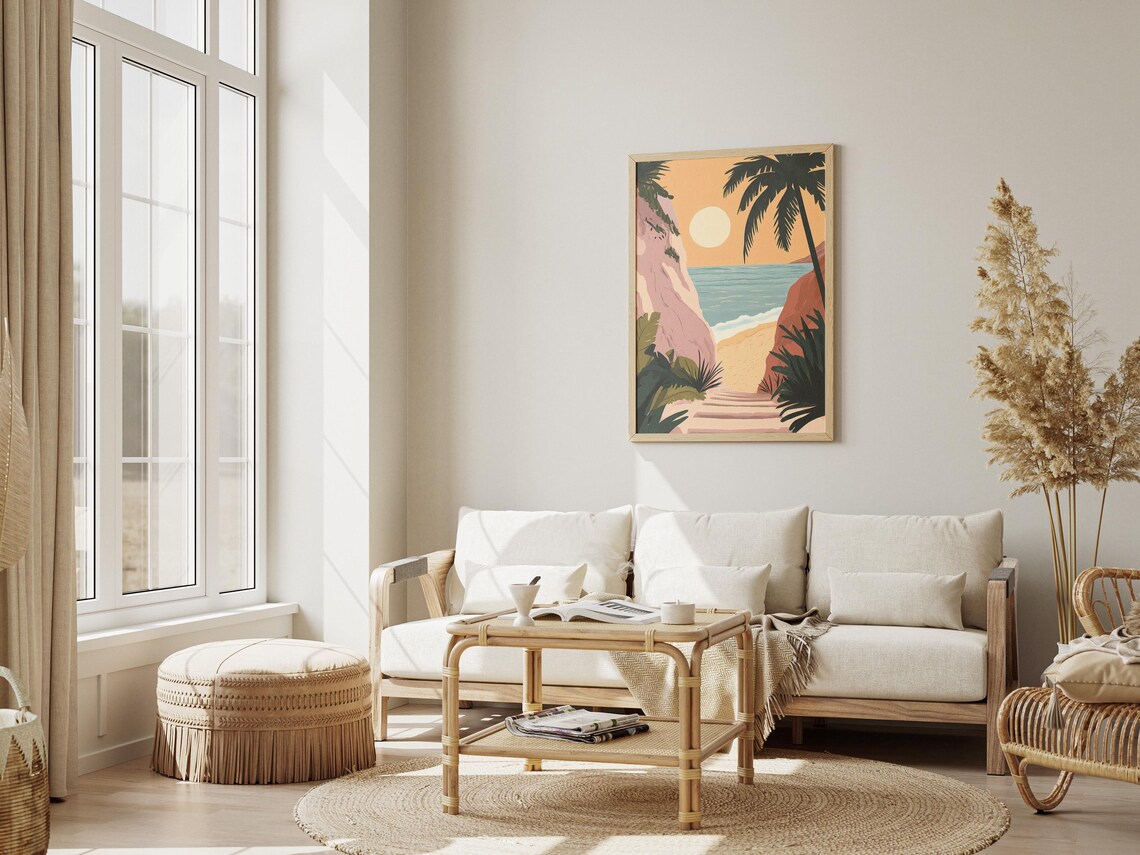 Secret Stone Stairs to Sunset Beach Cliffs Palms Coastal Wall Art - Image 3
