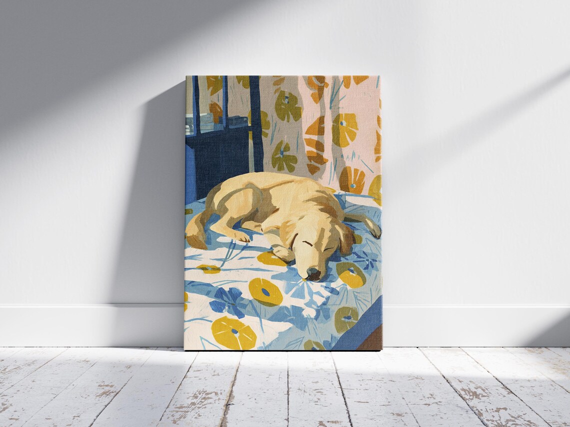 Yellow Labrador Sleeping on a Floral Bedspread by a Sunny Window Art Poster - Image 2