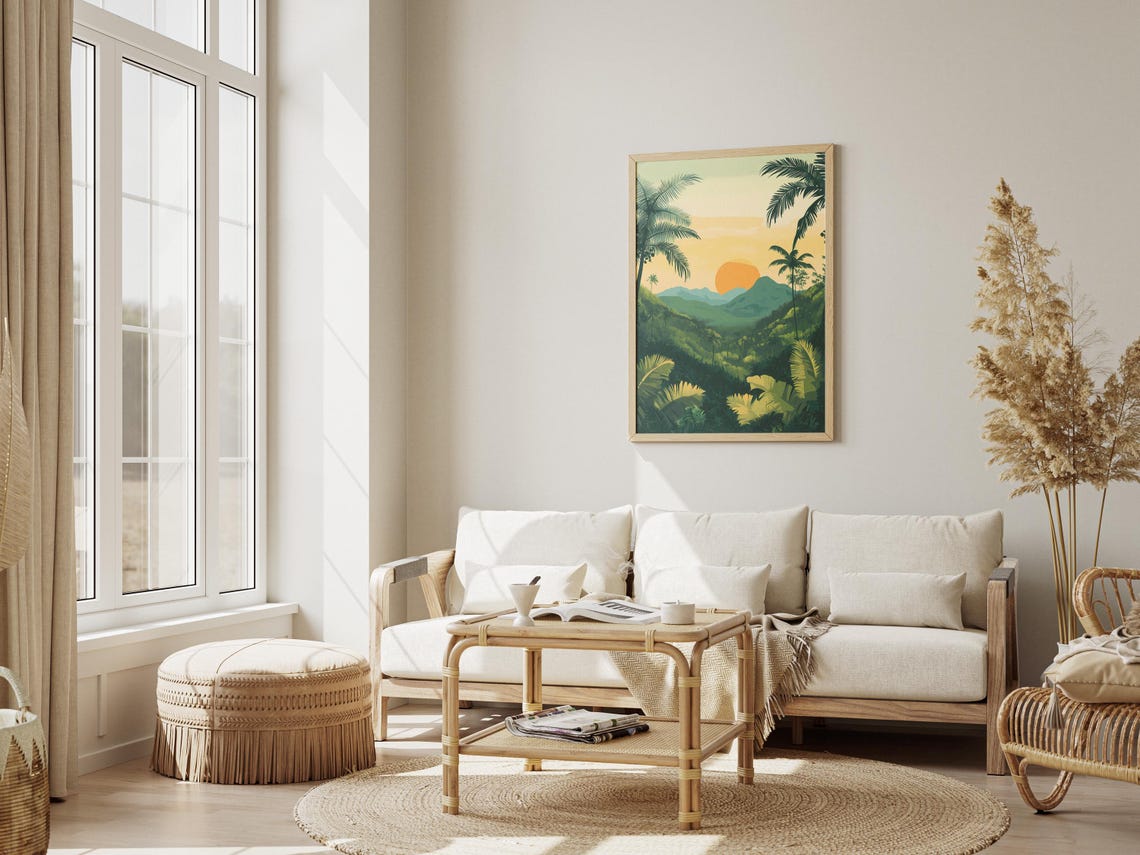 Tropical Jungle Sunrise Poster Mountain Valley Palm Wall Decor Gift - Image 3