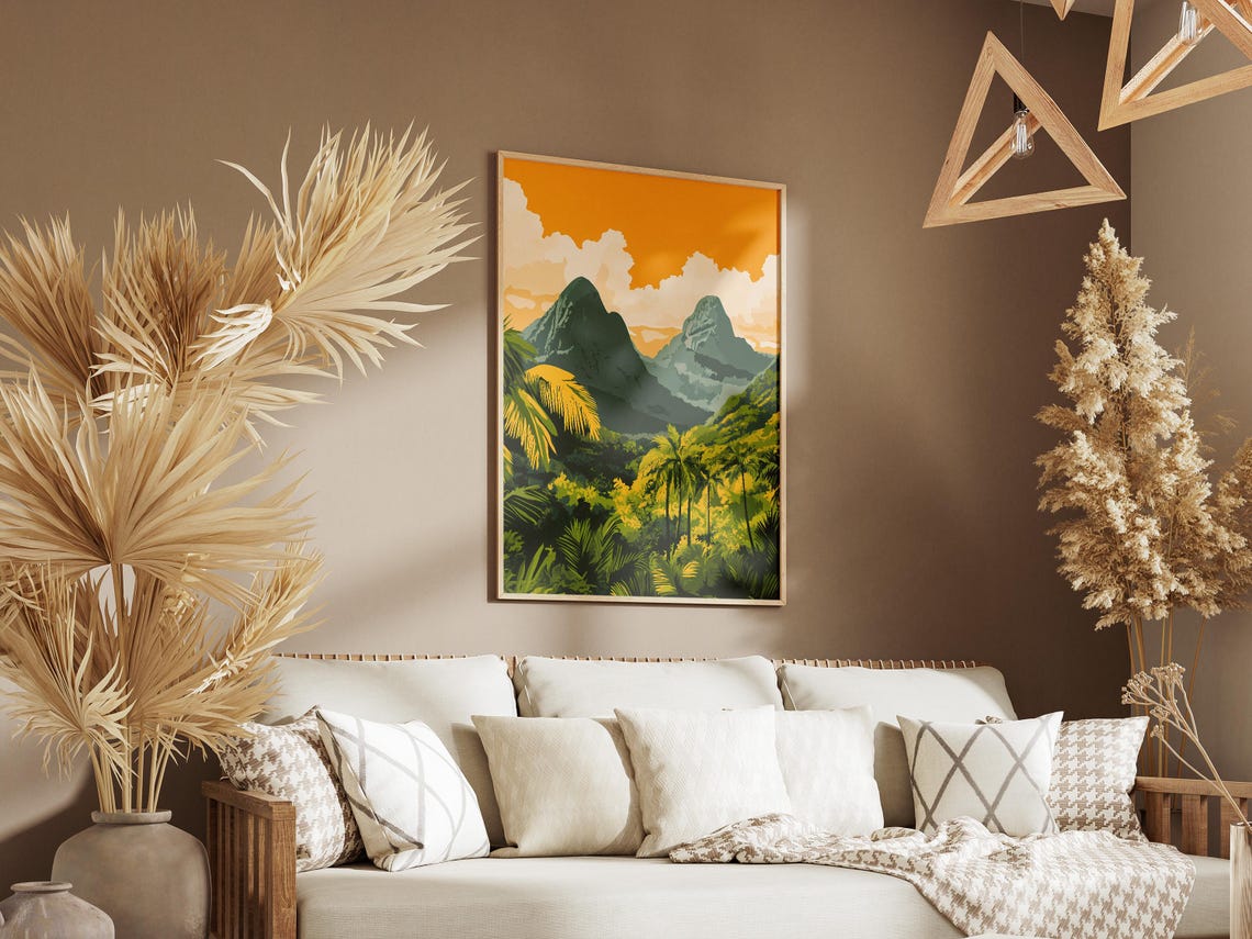 Twin Peaks Palm Trees Golden Sky Lush Tropical Jungle Poster - Image 3