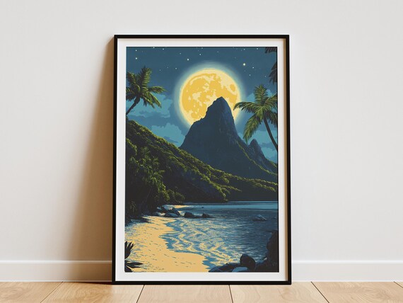 National Park of American Samoa Moonlit Beach Palm Peak Night Art Poster