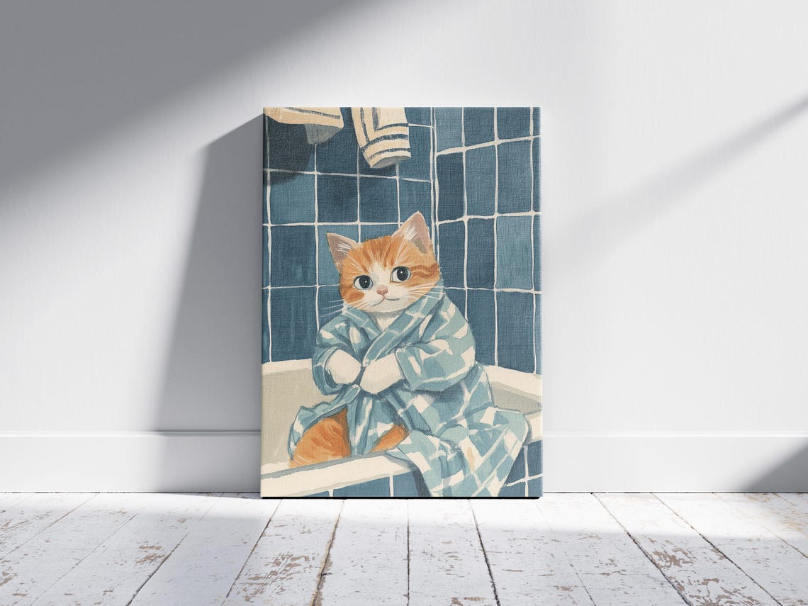 Kitten in a Bathrobe Sitting on a Bathtub Funny Pet Art Poster - Image 2