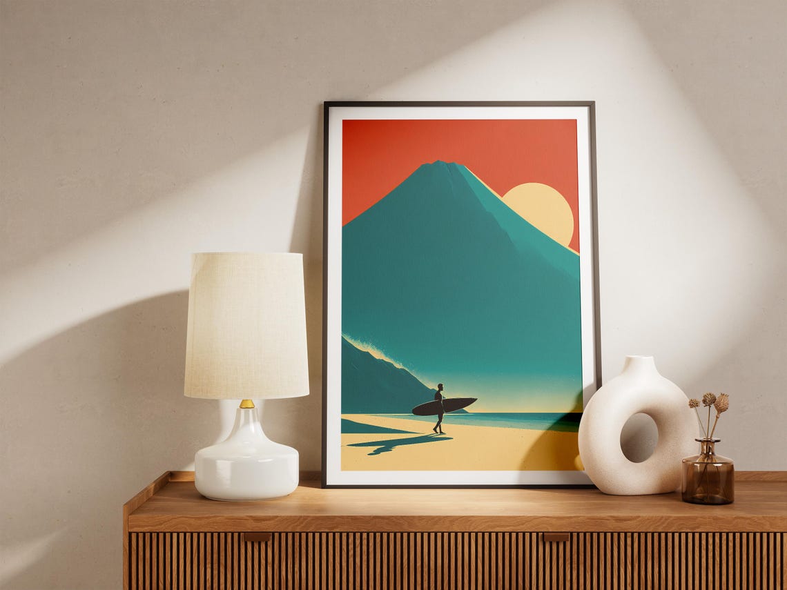 Warm Golden Big Retro Surfer Beach Walk Mountain Sunset Poster - Image 4