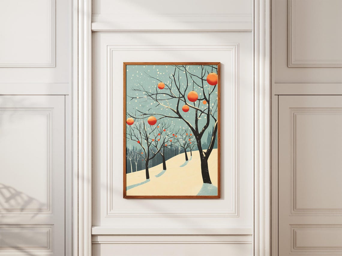 Winter Orchard with Orange Ornaments on Snowy Branches Poster - Image 2