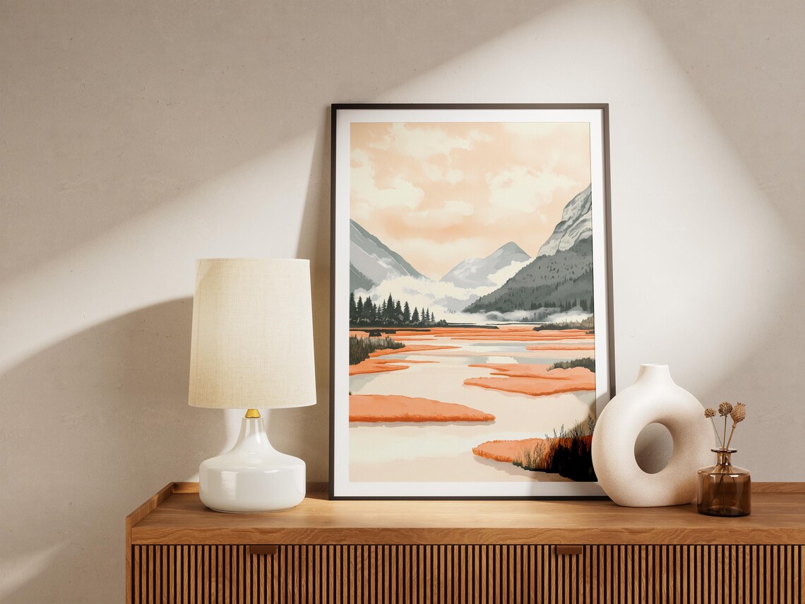Misty Orange Lake Between Foggy Pine-Covered Mountains Poster - Image 5