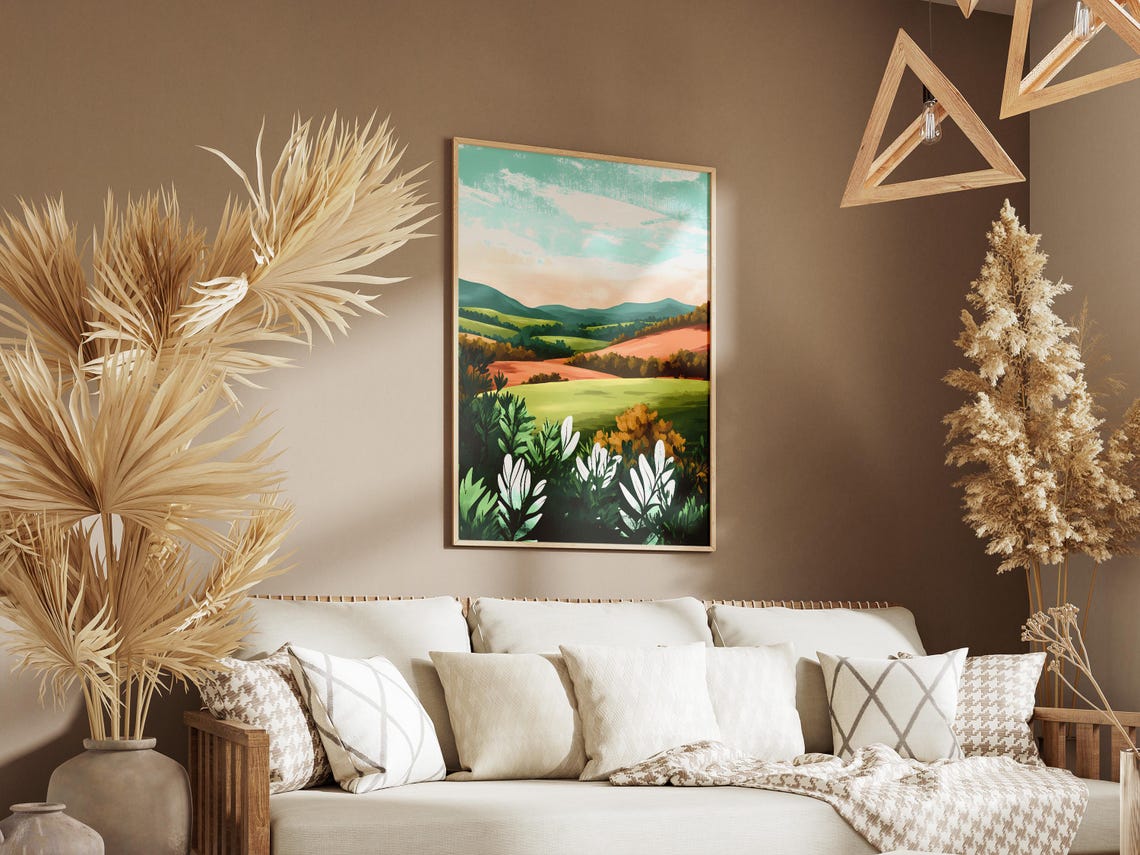 Rolling Green Valley With Orange Hills Modern Countryside Poster - Image 3