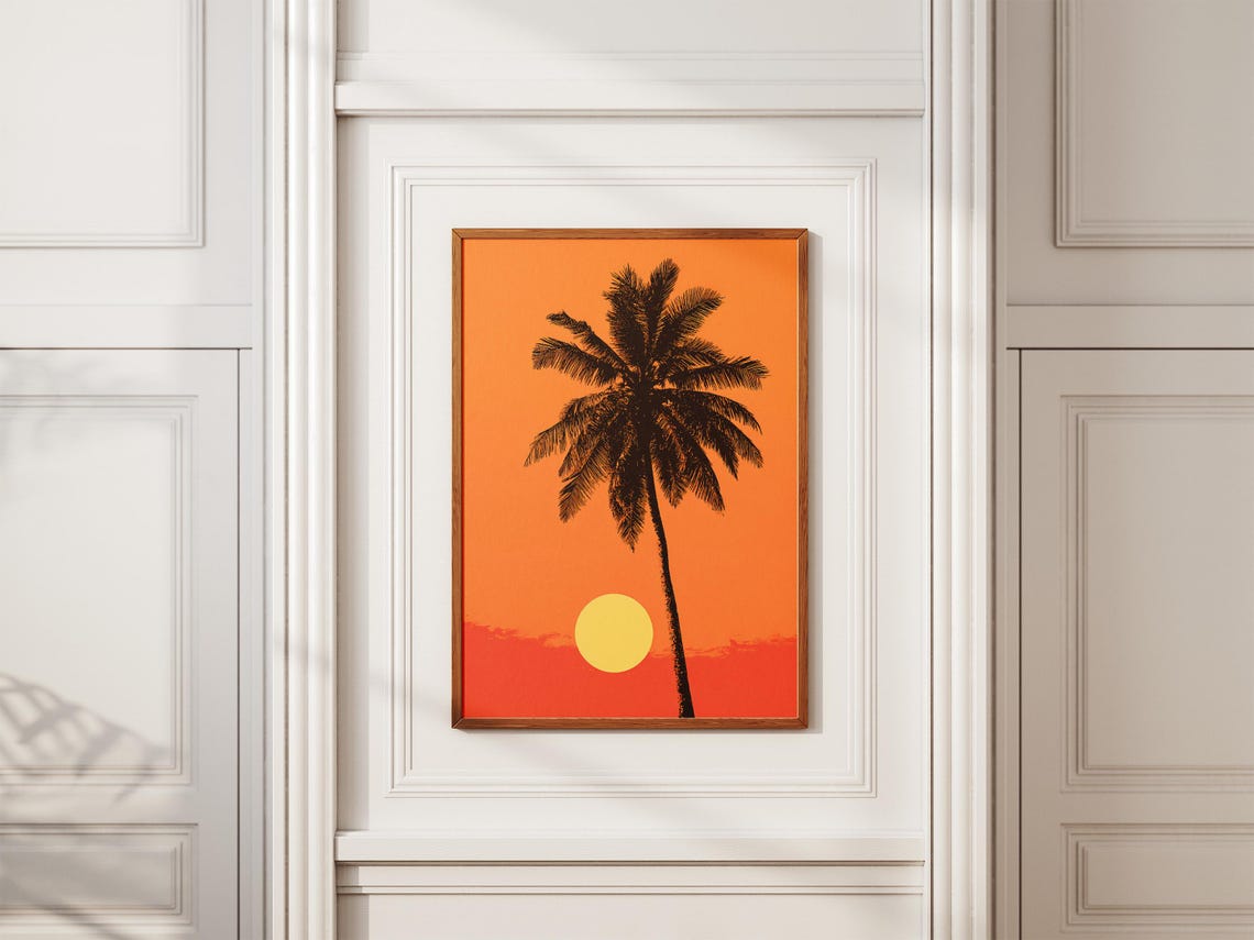 Palm Tree Silhouette Sunset Orange Minimalist Graphic Art Poster - Image 2