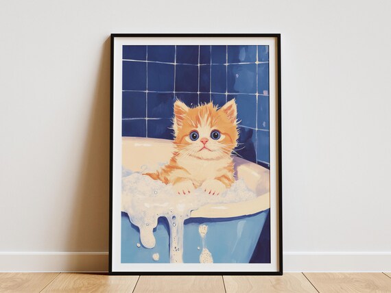 Orange Kitten in Blue Bubble Bath Tub Cute Cat Bathroom Poster