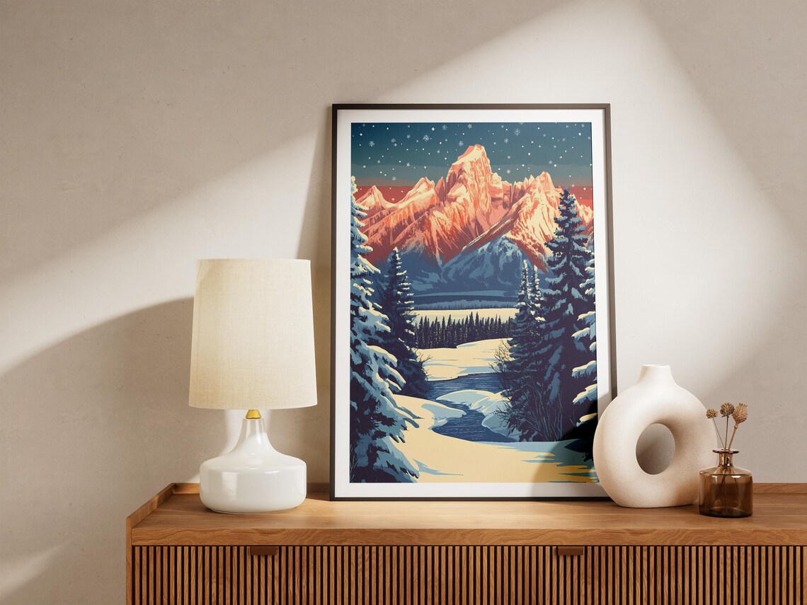 Grand Teton Winter Sunset With Snowy Peaks Vintage Travel Poster - Image 5