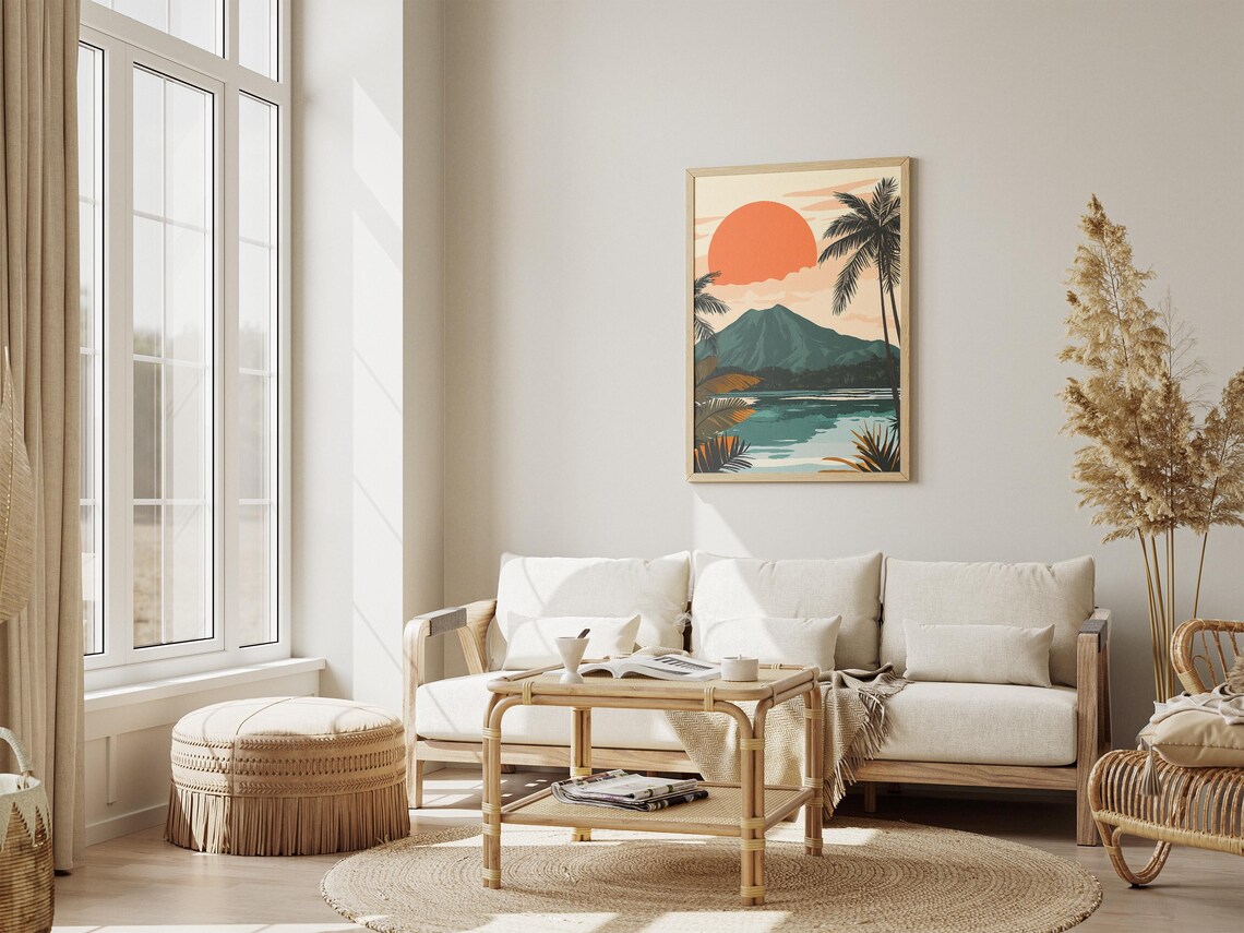 Lombok Island Indonesia Sunset Volcano Palm Lagoon Travel Poster - Image 4