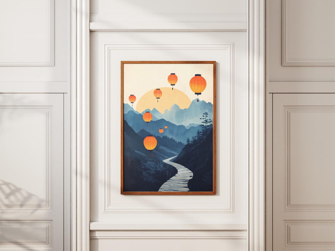 Floating Orange Paper Lanterns Blue Mountain Valley Scene Poster - Image 2