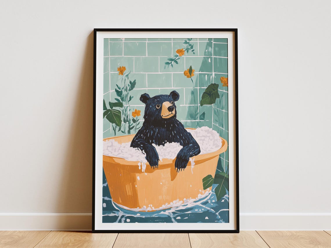 Smiling Black Bear Relaxing in a Foamy Orange Bathtub Poster