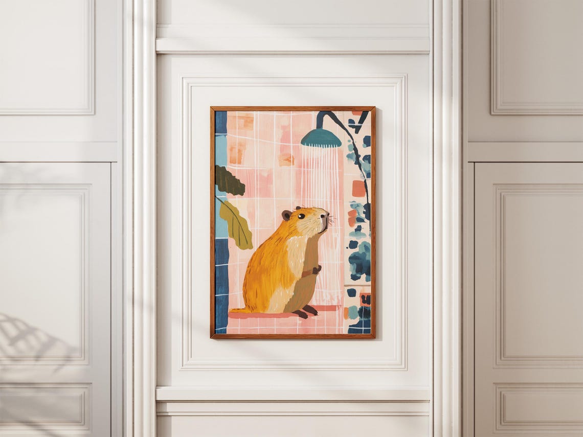 Blissful Capybara Enjoying a Warm Shower in a Tiled Bathroom Poster - Image 2