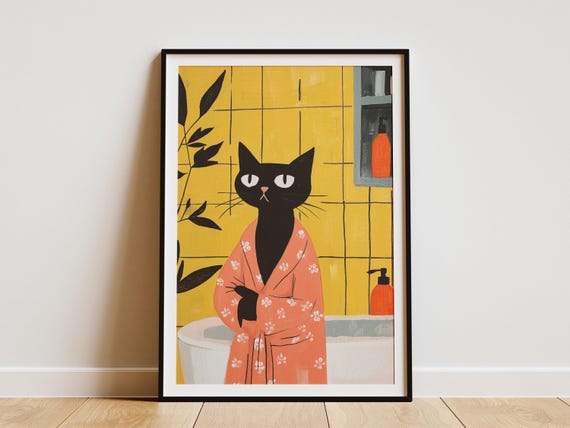 Oriental Shorthair Cat Bathrobe Art Print Lover Gift Funny Bathroom Wall Decor Modern Pet Portrait Illustration Novelty Poster