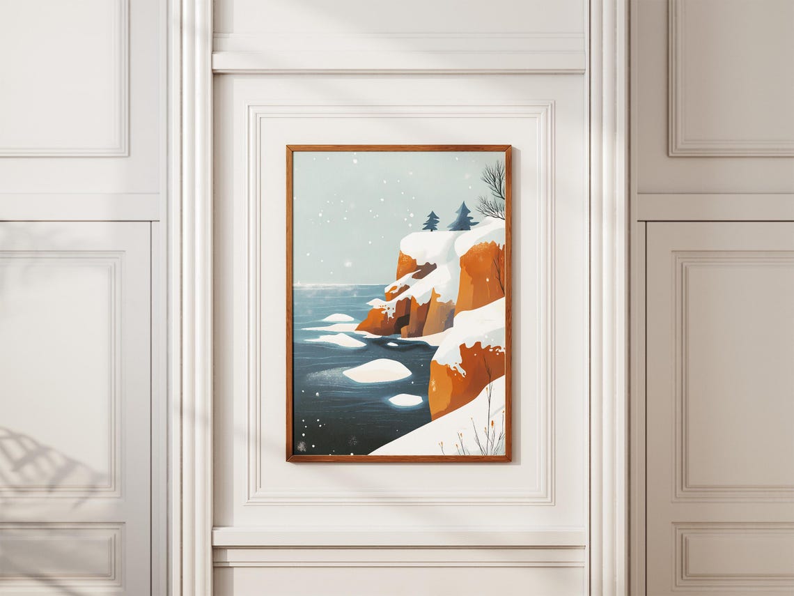 Snowy Orange Cliffs Along a Deep Blue Sea in Falling Snow Poster - Image 2