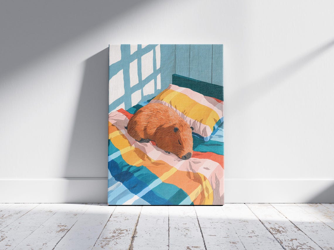 Capybara Sleeping in Cozy Bed Whimsical Colorful Animal Art Poster - Image 2