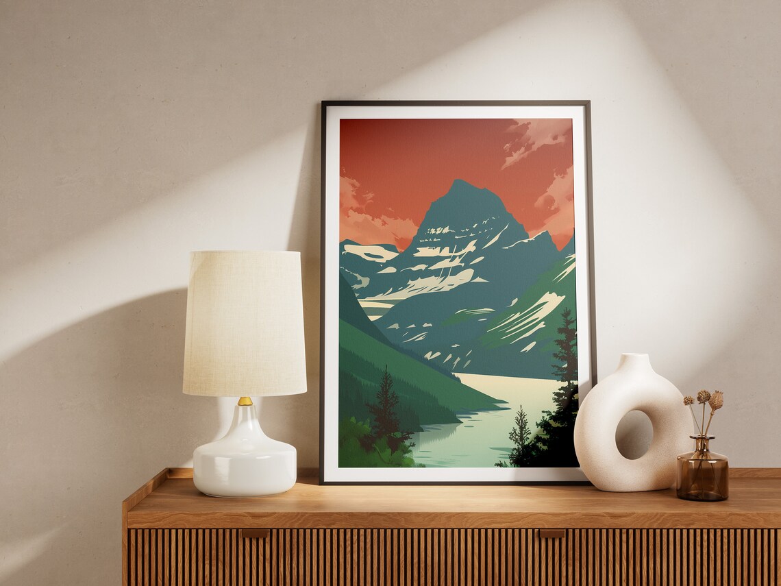 Glacier National Park Snowy Peak Red Sky Minimalist Vintage Travel Poster - Image 2