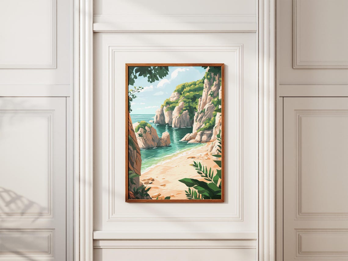 Secluded Tropical Beach Cove Beneath Lush Green Cliffs Poster - Image 2