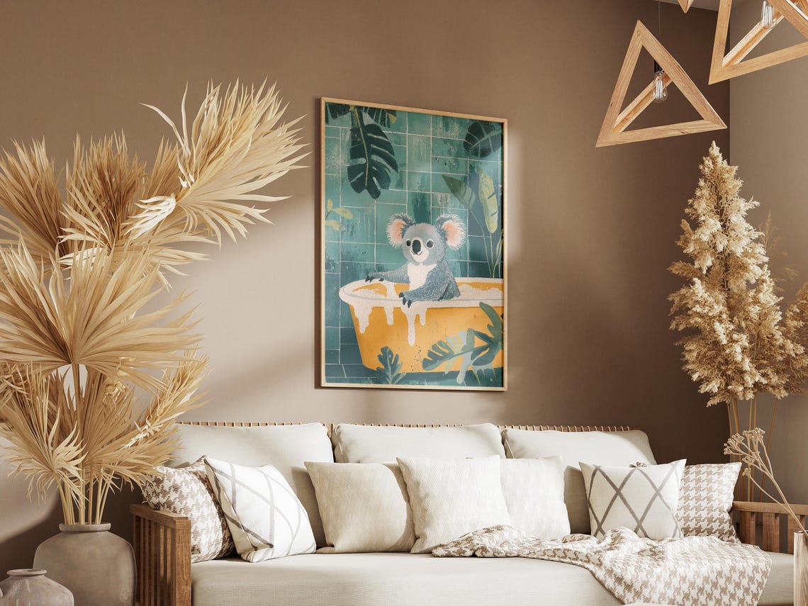 Cute Koala Soaking In Yellow Bubble Bath Tropical Bathroom Poster - Image 3
