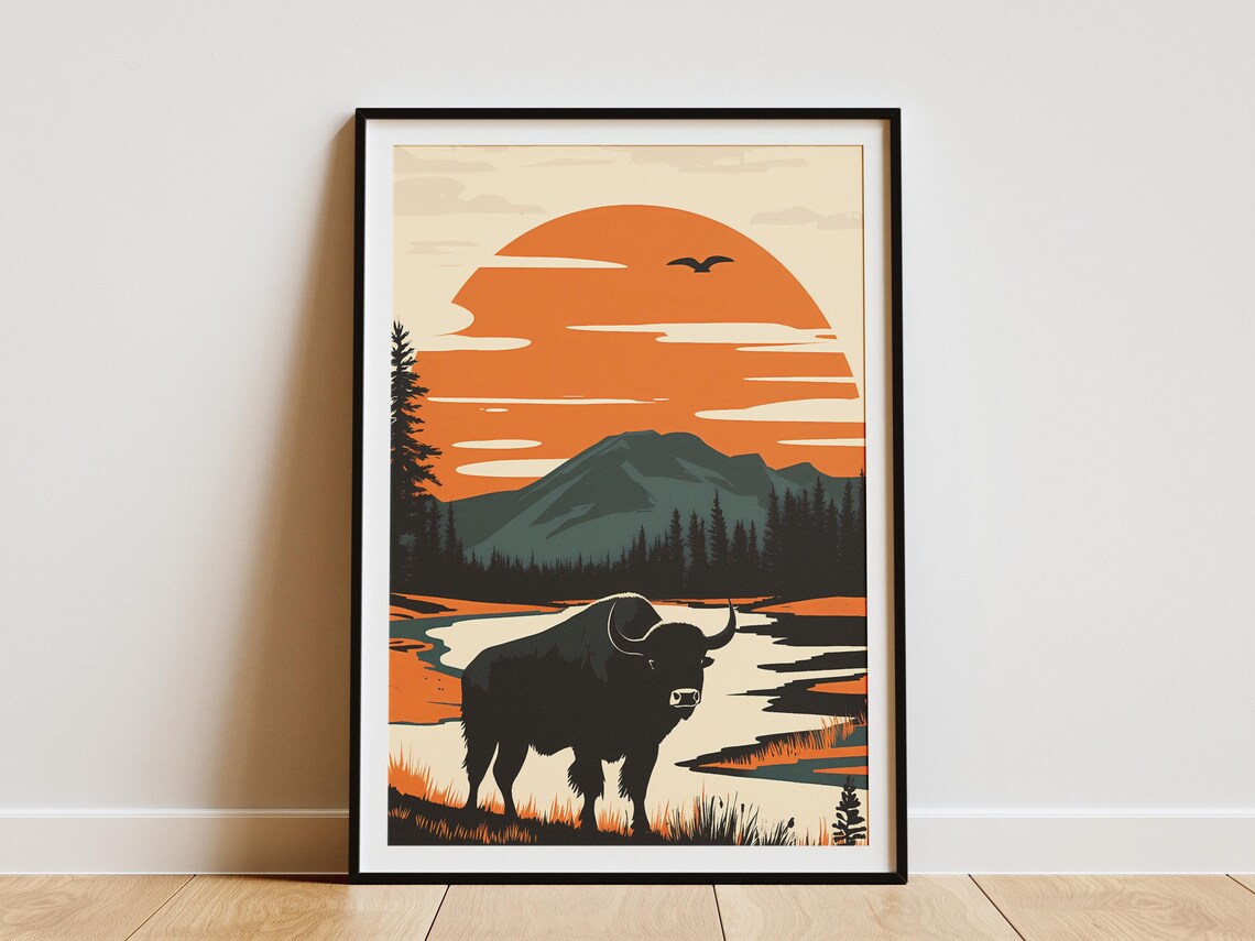 Bison Silhouette By A River At Sunset Vintage Style Travel Poster