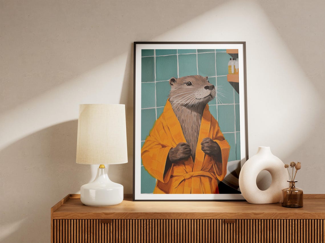 Cozy Otter In Orange Bathrobe Vintage Teal Bathroom Fun Poster - Image 5