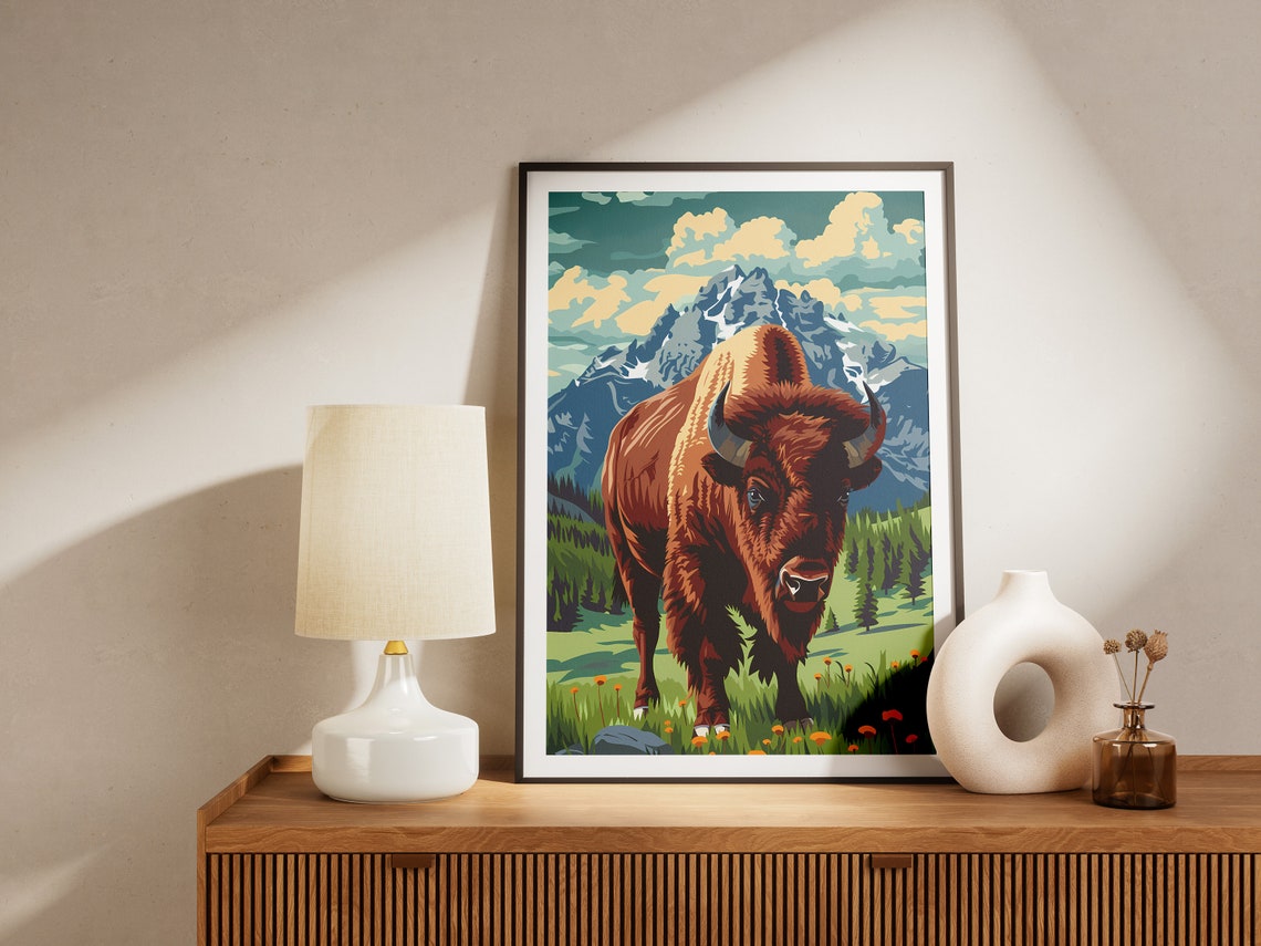 Mighty Bison Standing Before Snowy Mountain Peaks Wildlife Poster - Image 2