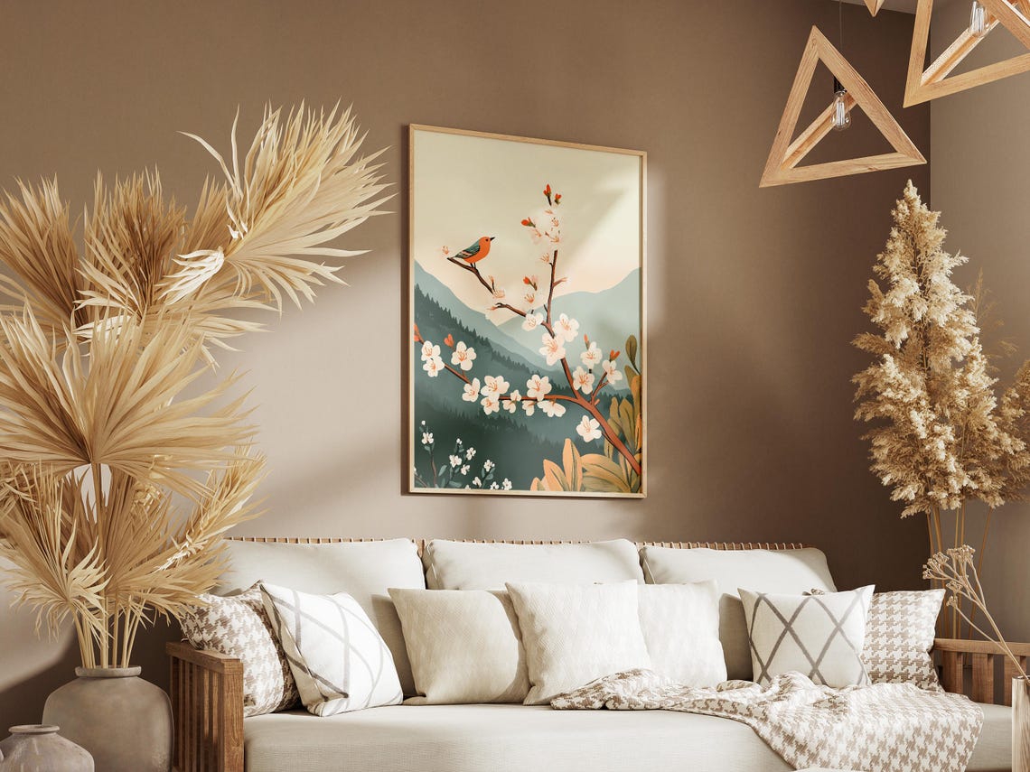 White Blossom Branch With Orange Bird Mountain Spring Poster - Image 3