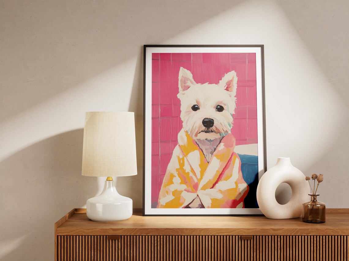 West Highland Terrier in Yellow Bathrobe Pink Bathroom Dog Poster - Image 5