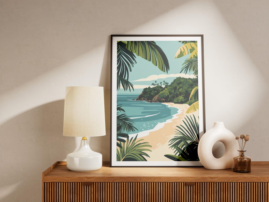 Tropical Cove Beach Palm Fronds Rocky Headland Summer Poster - Image 5